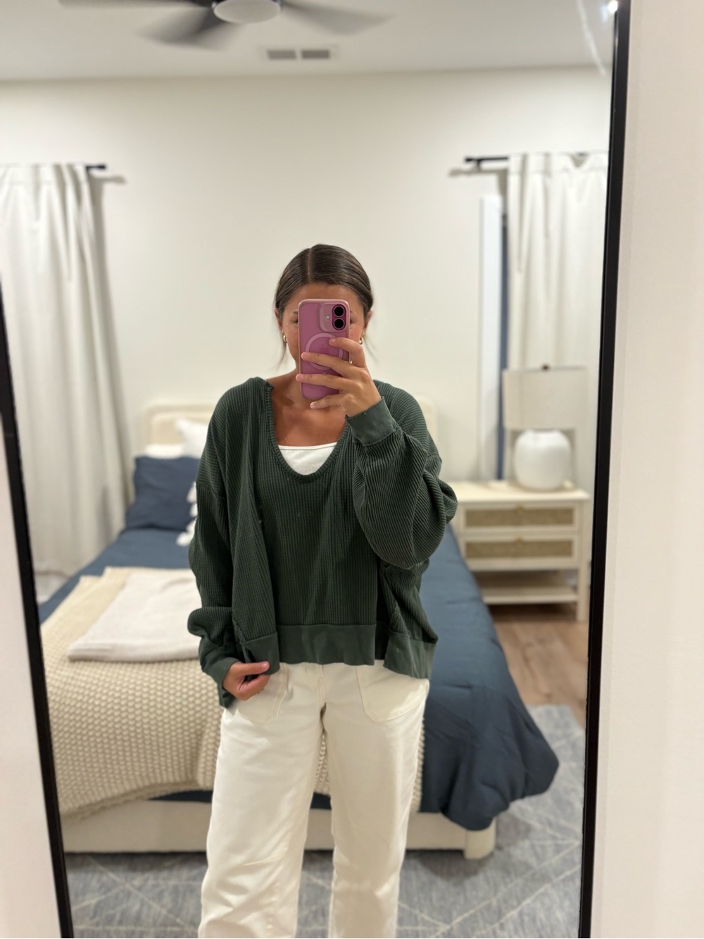 Free People Thermal Green Waffle Knit Long Sleeve Top
